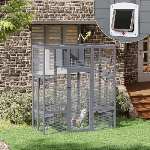 COZIWOW Verbessertes extra großes Katzenkatio mit 4-Wege-Haustiertür, für den Außenbereich, Holz, mit Isolationshütte, Terrassenfenster, Laufstall mit wetterfester PVC-Abdeckung, Grau von COZIWOW
