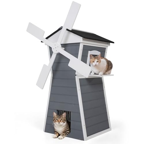 Coziwow Katzenhaus im Freien, Windmühlenform, Katzengehege mit wasserdichtem Dach, Sprungplattform & Balkon für Veranda oder Garten von COZIWOW