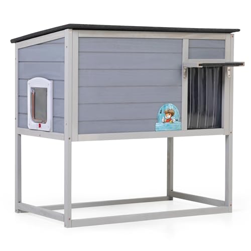 Erhöhtes Katzenhaus für den Außenbereich, wetterfester Katzenschutz für draußen mit isoliertem Rundumschaum, Feral-Katzengehege oben zu öffnen, PVC-Vorhang, Höhlen aus Holz für kleine Hunde, Kaninchen Erhöhtes Katzenhaus für den Außenbereich, wetterfester Katzenschutz für draußen mit isoliertem Rundumschaum, Feral-Katzengehege oben zu öffnen, PVC-Vorhang, Höhlen aus Holz für kleine Hunde, Kaninchen von COZIWOW