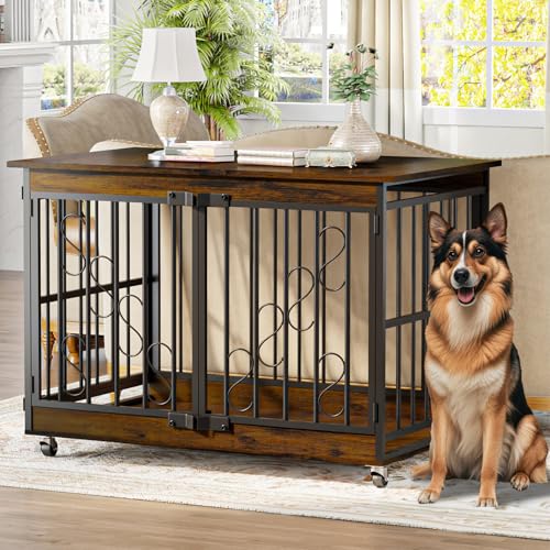 COZPAW Hundekäfig-Möbel, 121,9 cm, Hundekäfig für mittelgroße und große Rassen, Bauernhaus, Holz, Metall, Zwinger, für den Innenbereich, robuster Haustierkäfig mit Lenkrollen (braun) von COZPAW