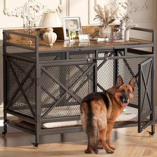 Große Hundekäfig-Möbel, 121,9 cm große Hundehütte aus Holz für XLarge Hunde, robuste Hundemöbel für den Innenbereich, Draht-Hundekäfig mit verstellbaren Füßen & 360° Rädern, dekorativer Große Hundekäfig-Möbel, 121,9 cm große Hundehütte aus Holz für XLarge Hunde, robuste Hundemöbel für den Innenbereich, Draht-Hundekäfig mit verstellbaren Füßen & 360° Rädern, dekorativer von COZPAW