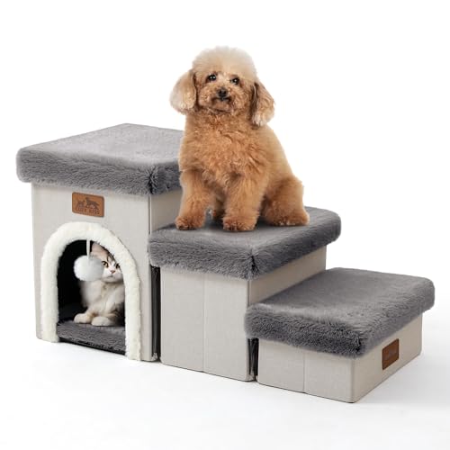 COZY KISS Haustiertreppe für Kleine Hunde mit Stauraum Und Wohnung, Hundetreppe Faltbare für Sofa Couch, Hunde Treppe mit Rutschfestem Boden, Lecksichere, Bis Zu 80kg (Grau, 33x89x45cm, 4) von COZY KISS