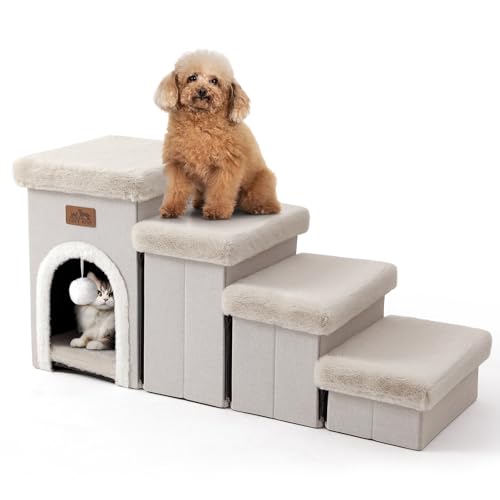 COZY KISS Haustiertreppe für Kleine Hunde mit Stauraum Und Wohnung, Hundetreppe Faltbare für Sofa Couch, Hunde Treppe mit Rutschfestem Boden, Lecksichere, Bis Zu 80kg (Beige, 33x89x45, 4) von COZY KISS