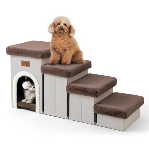 COZY KISS Haustiertreppe für Kleine Hunde mit Stauraum Und Wohnung, Hundetreppe Faltbare für Sofa Couch, Hunde Treppe mit Rutschfestem Boden, Lecksichere, Bis Zu 80kg (Braun, 33x89x45cm, 4) von COZY KISS