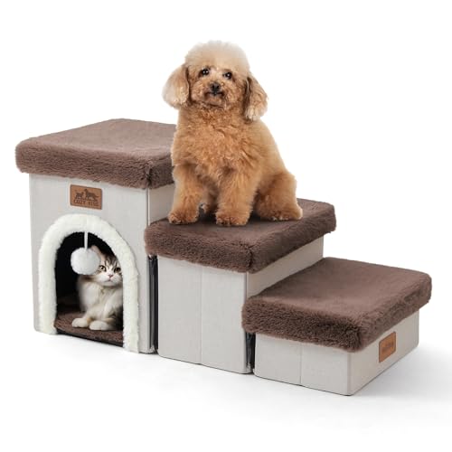 COZY KISS Haustiertreppe für Kleine Hunde mit Stauraum Und Wohnung, Hundetreppe Faltbare für Sofa Couch, Hunde Treppe mit Rutschfestem Boden, Lecksichere, Bis Zu 80kg (Braun, 33x69x36cm, 3) von COZY KISS