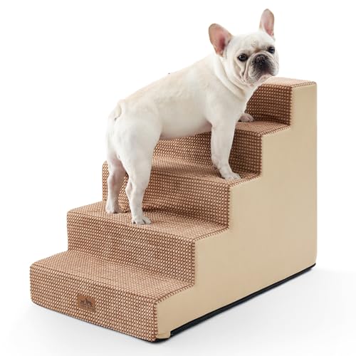COZY KISS Hundetreppe, Haustiertreppe mit auslaufsicherer Abdeckung für Kleine Hunde Katzen, Hochdichter Schaumstoff-Hunderampe für Bett Sofa Auto (Hellbraun, 75x50x60cm, 5) von COZY KISS