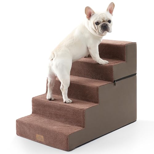 COZY KISS Hundetreppe, Haustiertreppe mit auslaufsicherer Abdeckung für Kleine Hunde Katzen, Hochdichter Schaumstoff-Hunderampe für Bett Sofa Auto (Schokolade, 75x50x60cm-Abnehmbar, 5) von COZY KISS