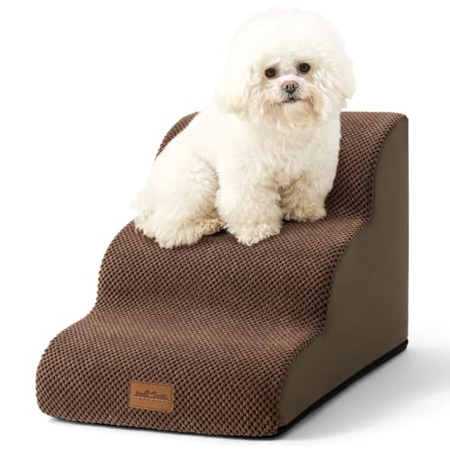COZY KISS Hundetreppe für Kleine Hunde 40cm, Haustiertreppe für Couch aus Hochdichtem Schwamm, Hunde Treppe Hunderampe mit Waschbarem Bezug und Rutschfestem Boden, 40x57x40cm, 3 Stufen, Braun von COZY KISS