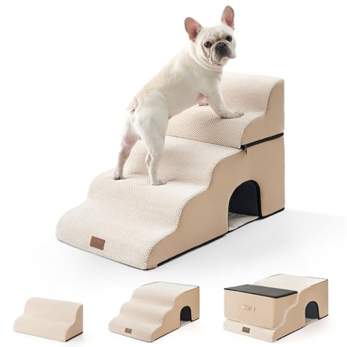 COZY KISS Hundetreppe für Kleine Hunde, Haustiertreppe für Hochbett aus Hochdichtem Schwamm, Hunde Treppe Hunderampe mit Waschbarem Bezug,19.7x33x22.4 inch,5 Stufen, Beige von COZY KISS