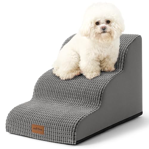 COZY KISS Hundetreppe für Kleine Hunde, Haustiertreppe für Couch aus Hochdichtem Schwamm, Hunde Treppe Hunderampe mit Waschbarem Bezug und Rutschfestem Boden (Hellgrau, 3 Stufen (40x57x40cm), 3) von COZY KISS