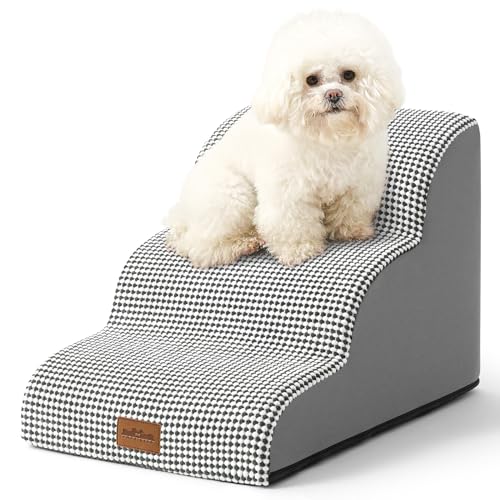COZY KISS Hundetreppe für Kleine Hunde 40cm, Haustiertreppe für Couch aus Hochdichtem Schwamm, Hunde Treppe Hunderampe mit Waschbarem Bezug und Rutschfestem Boden, 40x57x40cm, 3 Stufen, Weiß Schwarz von COZY KISS