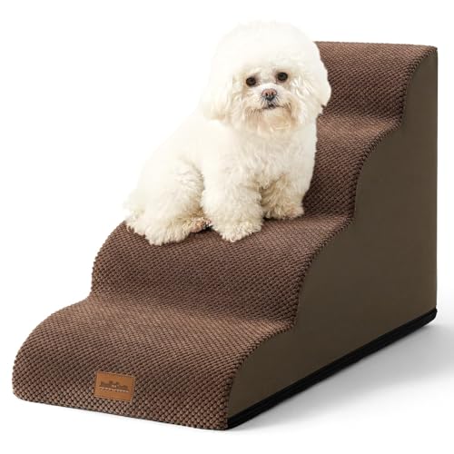 COZY KISS Hundetreppe für Kleine Hunde 50cm, Haustiertreppe für Bett aus Hochdichtem Schwamm, Hunde Treppe Hunderampe mit Waschbarem Bezug und Rutschfestem Boden, 40x72x50cm, 4 Stufen, Braun von COZY KISS