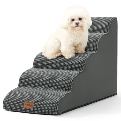COZY KISS Hundetreppe für Kleine Hunde 57cm, Haustiertreppe für Hochbett aus Hochdichtem Schwamm, Hunde Treppe Hunderampe mit Waschbarem Bezug und Rutschfestem Boden, 40x84x57cm, 5 Stufen, Dunkelgrau von COZY KISS
