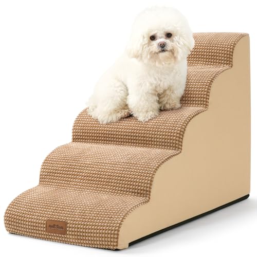 COZY KISS Hundetreppe für Kleine Hunde 57cm, Haustiertreppe für Hochbett aus Hochdichtem Schwamm, Hunde Treppe Hunderampe mit Waschbarem Bezug und Rutschfestem Boden, 40x84x57cm, 5 Stufen, Hellbraun von COZY KISS