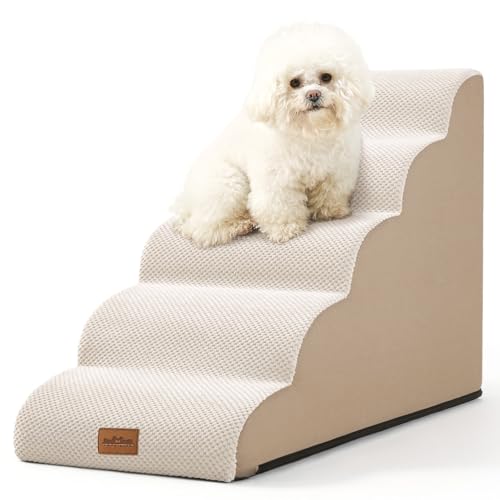 COZY KISS Hundetreppe für Kleine Hunde 57cm, Haustiertreppe für Hochbett aus Hochdichtem Schwamm, Hunde Treppe Hunderampe mit Waschbarem Bezug und Rutschfestem Boden, 40x84x57cm, 5 Stufen, Beige von COZY KISS