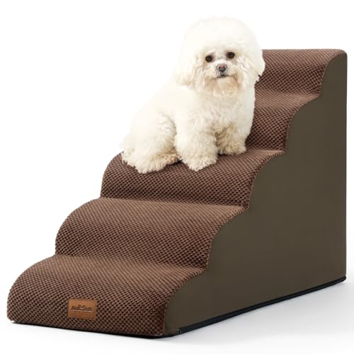 COZY KISS Hundetreppe für Kleine Hunde, Haustiertreppe für Couch aus Hochdichtem Schwamm, Hunde Treppe Hunderampe mit Waschbarem Bezug und Rutschfestem Boden (Braun, 5 Stufen (40x84x57cm), 5) von COZY KISS