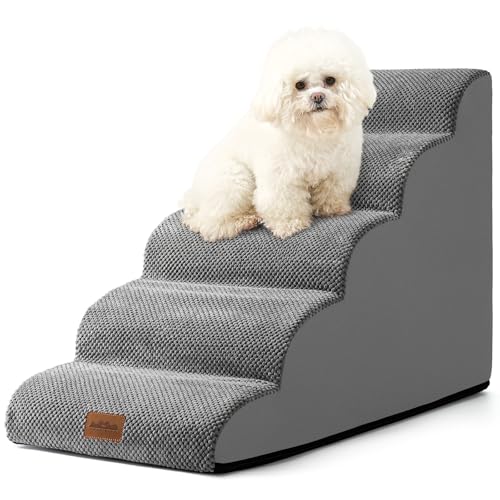COZY KISS Hundetreppe für Kleine Hunde 57cm, Haustiertreppe für Hochbett aus Hochdichtem Schwamm, Hunde Treppe Hunderampe mit Waschbarem Bezug und Rutschfestem Boden, 40x84x57cm, 5 Stufen, Grau von COZY KISS