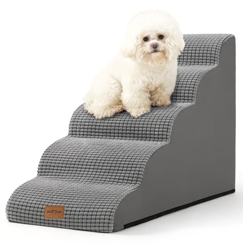 COZY KISS Hundetreppe für Kleine Hunde 57cm, Haustiertreppe für Hochbett aus Hochdichtem Schwamm, Hunde Treppe Hunderampe mit Waschbarem Bezug und Rutschfestem Boden, 40x84x57cm, 5 Stufen, Hellgrau von COZY KISS