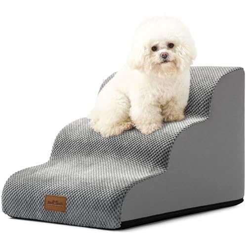 COZY KISS Hundetreppe für Kleine Hunde 40cm, Haustiertreppe für Couch aus Hochdichtem Schwamm, Hunde Treppe Hunderampe mit Waschbarem Bezug und Rutschfestem Boden, 40x57x40cm, 3 Stufen, Grau von COZY KISS