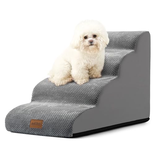 COZY KISS Hundetreppe für kleine Hunde, Haustiertreppe mit Stauraum und verstellbaren Stufen für hohe Betten und Couch, Haustierrampe für kleine Hunde und Katzen, 4-stufig Grau von COZY KISS