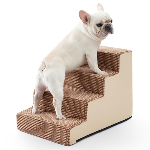 COZY KISS Hundetreppe für Kleine Hunde, 4 Stufen Breiter Haustiertreppe für Bett Couch Auto, 45cm Hoch Hochdichtem Schaumstoff Katzentreppe mit Abnehmbarem Bezug (Hellbraun, 60x45x45cm, 4) von COZY KISS