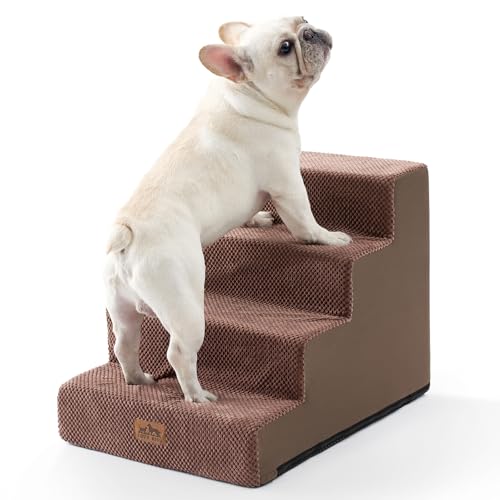 COZY KISS Hundetreppe für Kleine Hunde, 4 Stufen Breiter Haustiertreppe für Bett Couch Auto, 45cm Hoch Hochdichtem Schaumstoff Katzentreppe mit Abnehmbarem Bezug (Schokolade, 60x45x45cm, 4) von COZY KISS