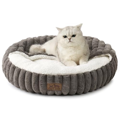 COZY KISS Katzenbett Flauschig, Rund Weiches Höhle mit Kapuze, für Katzen und Welpen Maschinen Waschbares Kunstfell mit Rutschfester Unterseite, Grau, 58x58x15 cm von COZY KISS