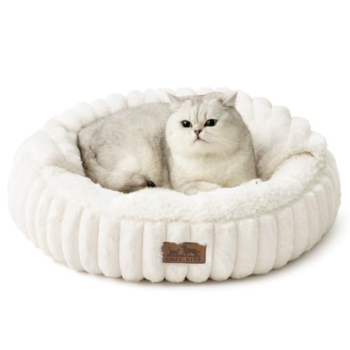 COZY KISS Katzenbett mit Kapuzendecke – Fluffiges rundes Wohlfühlbett für Katzen/Kleine Hunde, kuscheliges Donut-Schlafnest mit waschbarem Kunstfell & Rutschfester Unterseite (58×58×15 cm, Creme) von COZY KISS