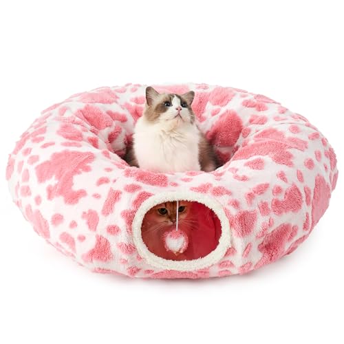 COZY KISS Katzentunnel, Rund Katzenbett mit Rascheltunnel, Faltbar Katzen Donut Katzentunnel Große Katzen, Indoor Spieltunnel Katzentunnel XXL für Katzen Kleintiere (Rosa & Weiß, 85 D) von COZY KISS