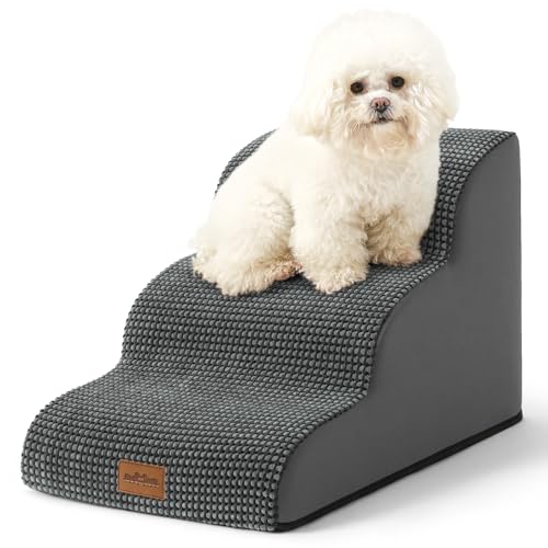 COZY KISS Hundetreppe für Kleine Hunde 40cm, Haustiertreppe für Couch aus Hochdichtem Schwamm, Hunde Treppe Hunderampe mit Waschbarem Bezug und Rutschfestem Boden, 40x57x40cm, 3 Stufen, Dunkelgrau von COZY KISS