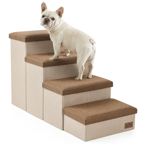 Hundetreppe mit Stauraum, 4-stufige breitere stabile Hundetreppe für kleine/mittelgroße/große Hunde und ältere Katzen, faltbare Hunderampe für Bett/Couch/Auto, hält bis zu 95,3 kg (55,9 cm H, Braun) von COZY KISS