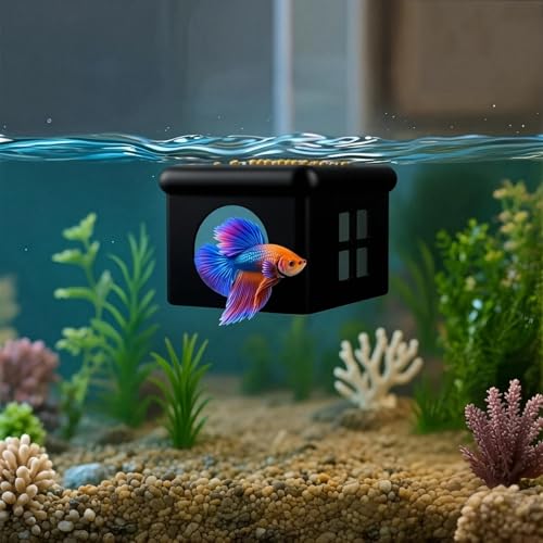 CPLIKE Schwarzes schwimmendes Betta-Fischversteck mit Fenster – 3D-Schwimmende Aquariumhöhle – Futterplattform und Ruheplatz – schlankes Design für kleine Betta-Tanks (9,3 x 7,3 x 5,5 cm) von CPLIKE