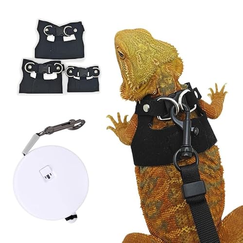 Bartagamen Leine Set – 3 Größen Verstellbares Ledergeschirr mit Einziehbarer Leine für Echsen, Chamäleons & Kleintiere – Bequemes Ausgeh-Geschirr für Draußen & Spaziergänge（Schwarz） von CQJ