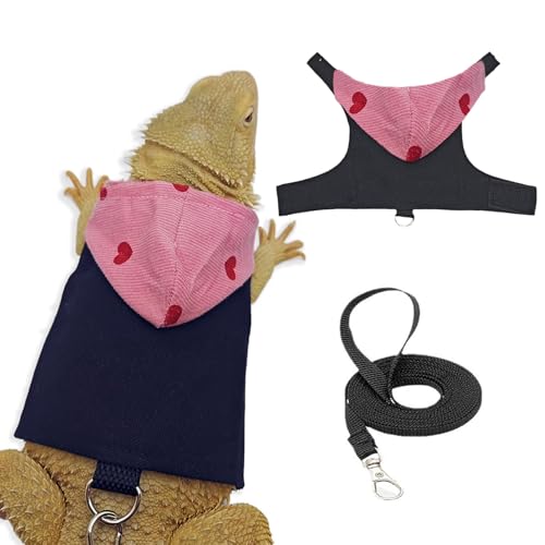 Bartagamen Hoodie mit Leine – Reptilien-Outfit mit Brustgeschirr für Echsen, Chamäleons & Eichhörnchen – Kapuzenpulli für Draußen geeignet für Bartagamen & Reptilien(roter Hut) von CQJ