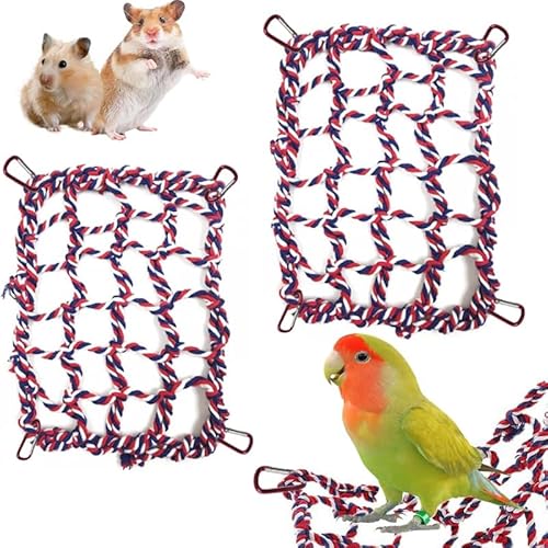 CQJ 2 Stück Ratten-Kletterseile für Käfig – Rattenkäfig-Zubehör, Vogel-Seil, Rattenspielzeug für Haustiere – 32 x 25 cm Hängematte, Hamster-Baumwollseil-Brücke, Vogelleiter mit 4 silbernen Haken (Rot) von CQJ