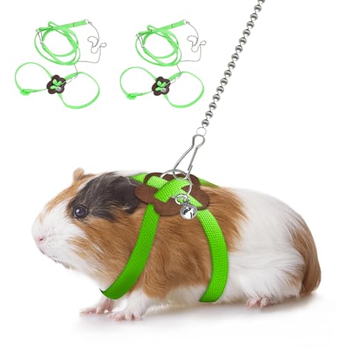 CQJ 2er-Pack Verstellbares Geschirr mit Leine für Hamster, Frettchen, Junge Kaninchen, Ratten und Mäuse – mit Glöckchen (Grün) von CQJ