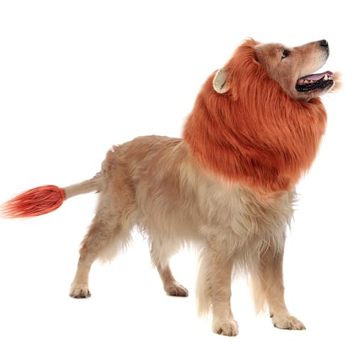 CQJ Löwenmähne Hundekostüm für große Hunde – Realistische Löwenperücke mit Schweif für Halloween, Fotoshooting & Karneval – Größe M（Rotbraun） von CQJ