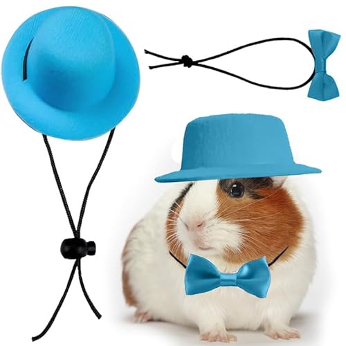 CQJ Meerschweinchen-Kleidung, Kleintier-Fliege, Haustier-Hut, Kostüm-Set, Rollenspiel, niedlicher Haustierhut, Fliege für Hamster, Meerschweinchen, Kaninchen, Chinchilla, Igel (Blauer Hut + Blaue) von CQJ