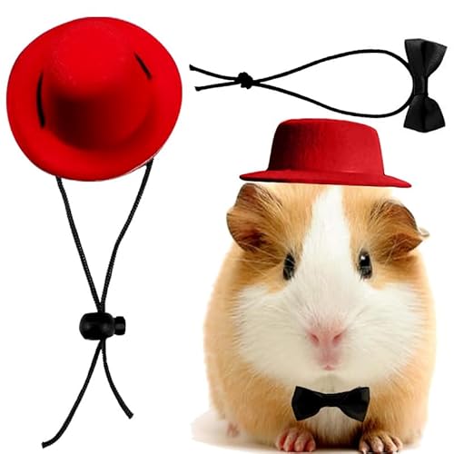 CQJ Meerschweinchen-Kleidung, Kleintier-Fliege, Haustier-Hut, Kostüm-Set, Rollenspiel, niedlicher Haustierhut, Fliege für Hamster, Meerschweinchen, Kaninchen, Chinchilla, Igel (roter Hut + Schwarze) von CQJ