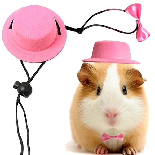 CQJ Meerschweinchen-Kleidung, Kleintier-Fliege, Haustier-Hut, Kostüm-Set, Rollenspiel, niedlicher Haustierhut, Fliege für Hamster, Meerschweinchen, Kaninchen, Chinchilla, Igel (rosa Hut + rosa Fliege) von CQJ