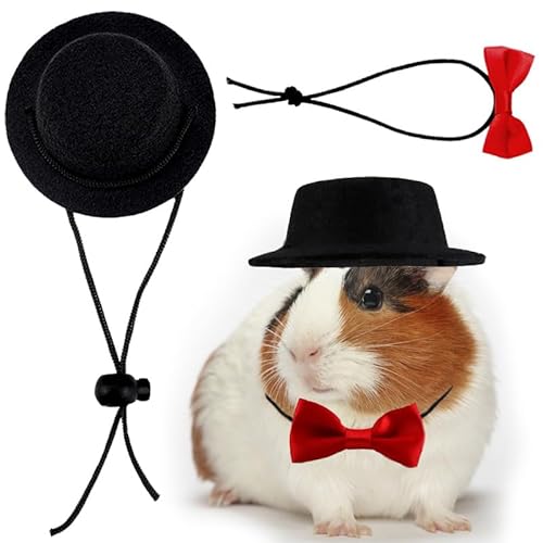 CQJ Meerschweinchen-Kleidung, Kleintier-Fliege, Haustier-Hut, Kostüm-Set, Rollenspiel, niedlicher Haustierhut, Fliege für Hamster, Meerschweinchen, Kaninchen, Chinchilla, Igel (schwarzer Hut + rote) von CQJ