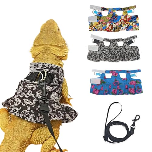 Echsen-Geschirr mit Kleid & Leine – Verstellbares Geschirr für Hamster, Frettchen & Reptilien – No-Pull Spaziergeschirr für Gecko, Chamäleon & Kleintiere(Schwarz M) von CQJ