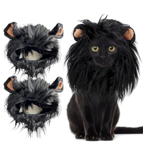 Löwenmähne Perücke für Katzen und kleine Hunde, lustiges Haustierkostüm für Halloween, Weihnachten, Partys, Fotoshootings (Größe S, schwarze gekräuselte Ohren), 2 Stück von CQJ