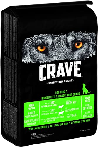 Crave Adult Trockenfutter mit Lamm & Rind, 11,5kg (1 Beutel) – Premium Hundefutter trocken mit hohem Proteingehalt und ohne Getreide – Hergestellt mit 100 Prozent natürlichem Lamm & Rind von CRAVE