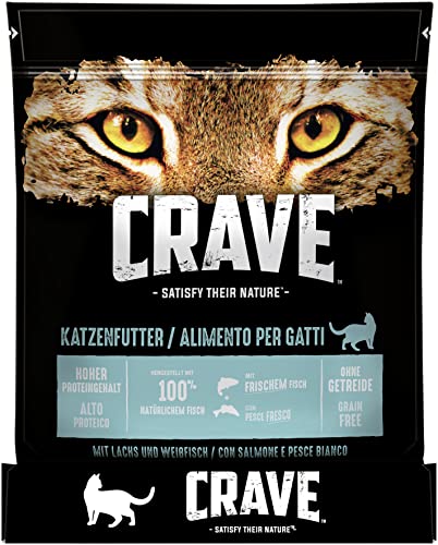 Crave Adult Trockenfutter mit Lachs & Weißfisch, 6 Beutel, 6x750g – Premium Katzenfutter trocken mit hohem Proteingehalt und ohne Getreide – Hergestellt mit 100 Prozent natürlichem Fisch von CRAVE