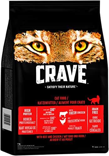 Crave Adult Trockenfutter mit Rind & Huhn, 7kg (1 Beutel) – Premium Katzenfutter trocken mit hohem Proteingehalt und ohne Getreide – Hergestellt mit 100% natürlichem Rind & Huhn von CRAVE