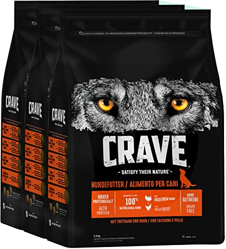 Crave Adult Trockenfutter mit Truthahn & Huhn, 3 Beutel, 3x2,8kg – Premium Hundefutter trocken mit hohem Proteingehalt und ohne Getreide – Hergestellt mit 100 Prozent natürlichem Huhn von CRAVE