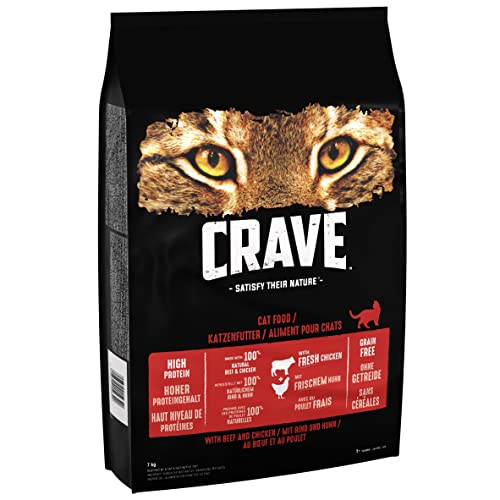 Crave Adult Trockenfutter mit Rind & Huhn, 7kg (1 Beutel) – Premium Katzenfutter trocken mit hohem Proteingehalt und ohne Getreide – Hergestellt mit 100% natürlichem Rind & Huhn von CRAVE