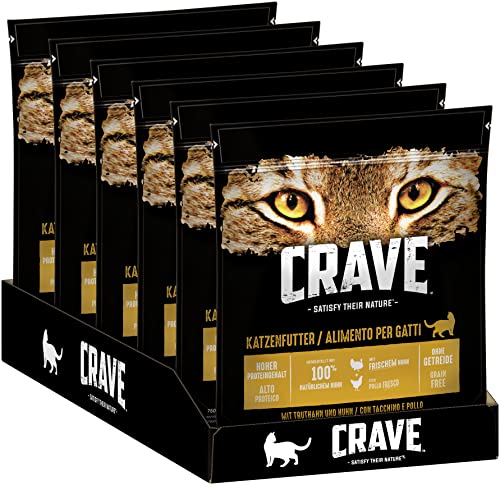 Crave Adult Trockenfutter mit Truthahn & Huhn, 6 Beutel, 6x750g – Premium Katzenfutter trocken mit hohem Proteingehalt und ohne Getreide – Hergestellt mit 100 Prozent natürlichem Huhn von CRAVE