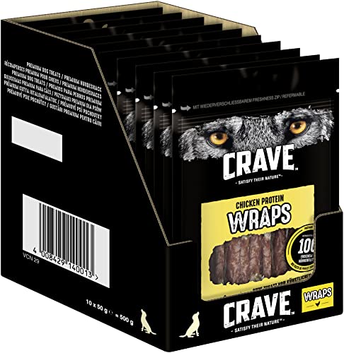 Crave Hundesnacks Huhn Protein Wraps, 10er Pack, 10x50g – Hundeleckerlis mit 100 Prozent frischem Hühnerfilet – Hergestellt mit natürlichen, tierischen Zutaten ohne Zusatz von Getreide von CRAVE
